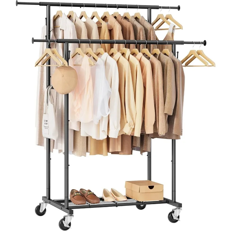 

Rod Garment Rack with Wheels, Heavy Duty Rolling Clothes Rack For Hanging Clothes, Portable Metal Clothing Rack with Shel