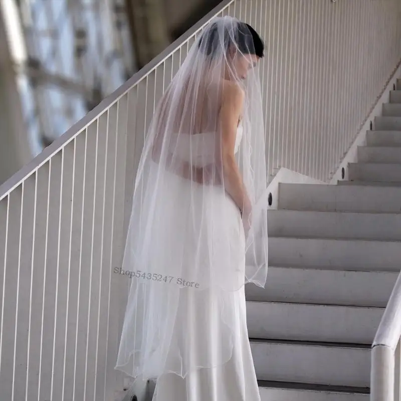 

Elegant French Double Layer White Rolled Bridal Veil Soft Nylon Wedding Headpiece For Bride Ceremony