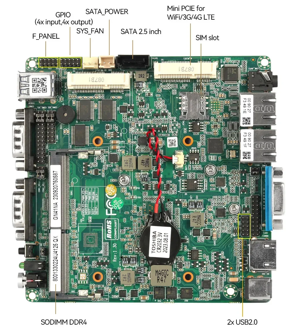 Helorpc 산업용 미니 PC, 팬리스 컴퓨터, 인텔 셀러론 J4125 DDR4 지지대, 윈도우 10, 리눅스 4RS232, 2RS232, RS485, 2LAN 6COM