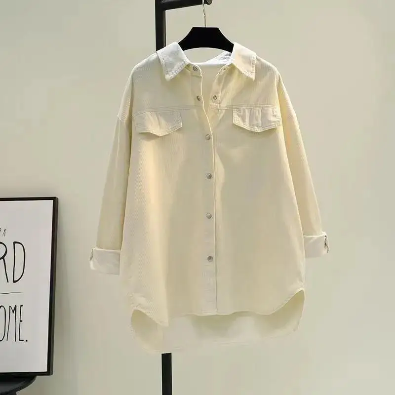 Avocado Green Mid-length Corduroy Shirt for Women Spring New Thickened Double Pocket Shirt Jacket Cardigan