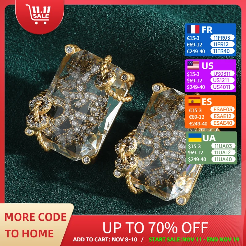 

Vintage Transparent Square Crystal Wealth Earrings Studs Antique Gold Color High Quality Carnival Party Luxury Quality Jewelry