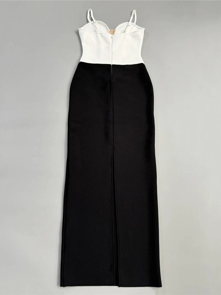 Sexy cinta de espaguete com decote em v diamantes bandage vestido feminino preto branco retalhos sem mangas bodycon vestidos longos festa noite