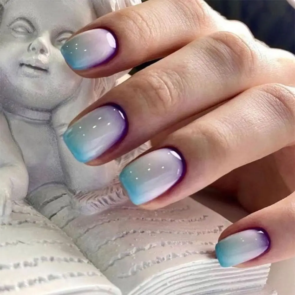 取り外し可能なショートラウンド付け爪グリッターシルバーフレンチ付け爪秋の花オーロラスライスネイルチップサロン用