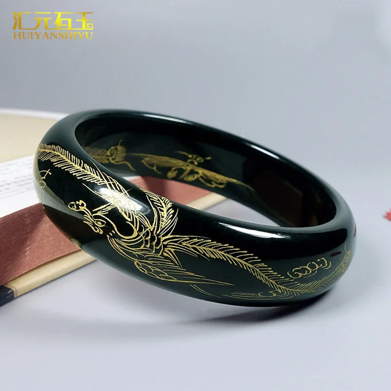 Grade A Xinjiang Hotan Medium Bracelet, Dark Green Jadeite with Gold Inlay, Gilt Jade Bangle