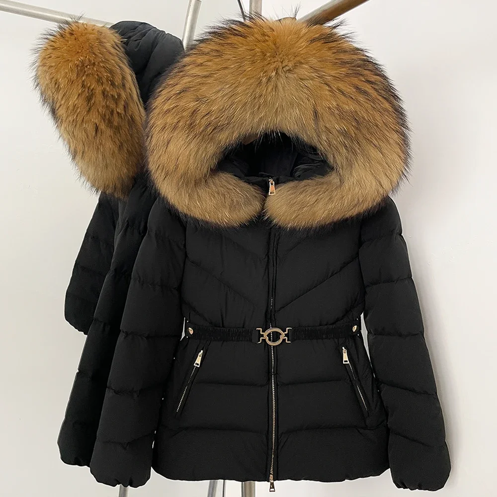 Abrigo de plumón de pato blanco para mujer, chaqueta ajustada con capucha con cuello de piel de zorro Real, Top de invierno para mujer, abrigo de piel de mapache grueso y cálido