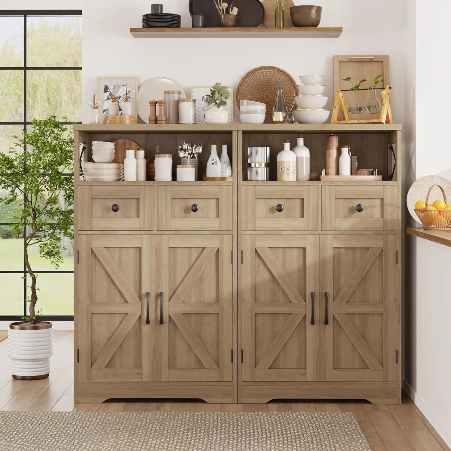 Natural Style Storage Cabinet with Drawers and Shelves, Standing Kitchen Pantry Cabinet, Floor Storage Cabinet Hutch Cupboard