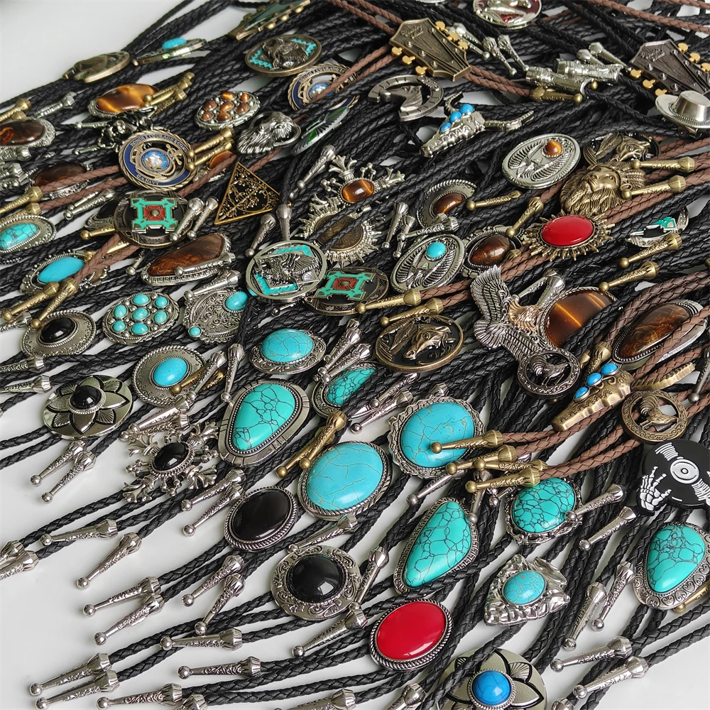 5Pcs Bulk Western Cowboy Bolo Tie Set Men Vintage Leather Rope Turquoise Cow Skull Tiger Eye Pendant Necktie Jewelry Wholesale