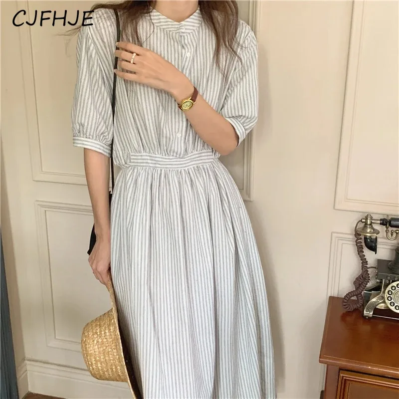 CJFHJE-فستان قميص مخطط عالي الخصر للنساء ، برباط ، كلاسيكي ، كاجوال ، فساتين طويلة ، موضة كورية ، أنيقة ، ربيع ، صيف ، جديد