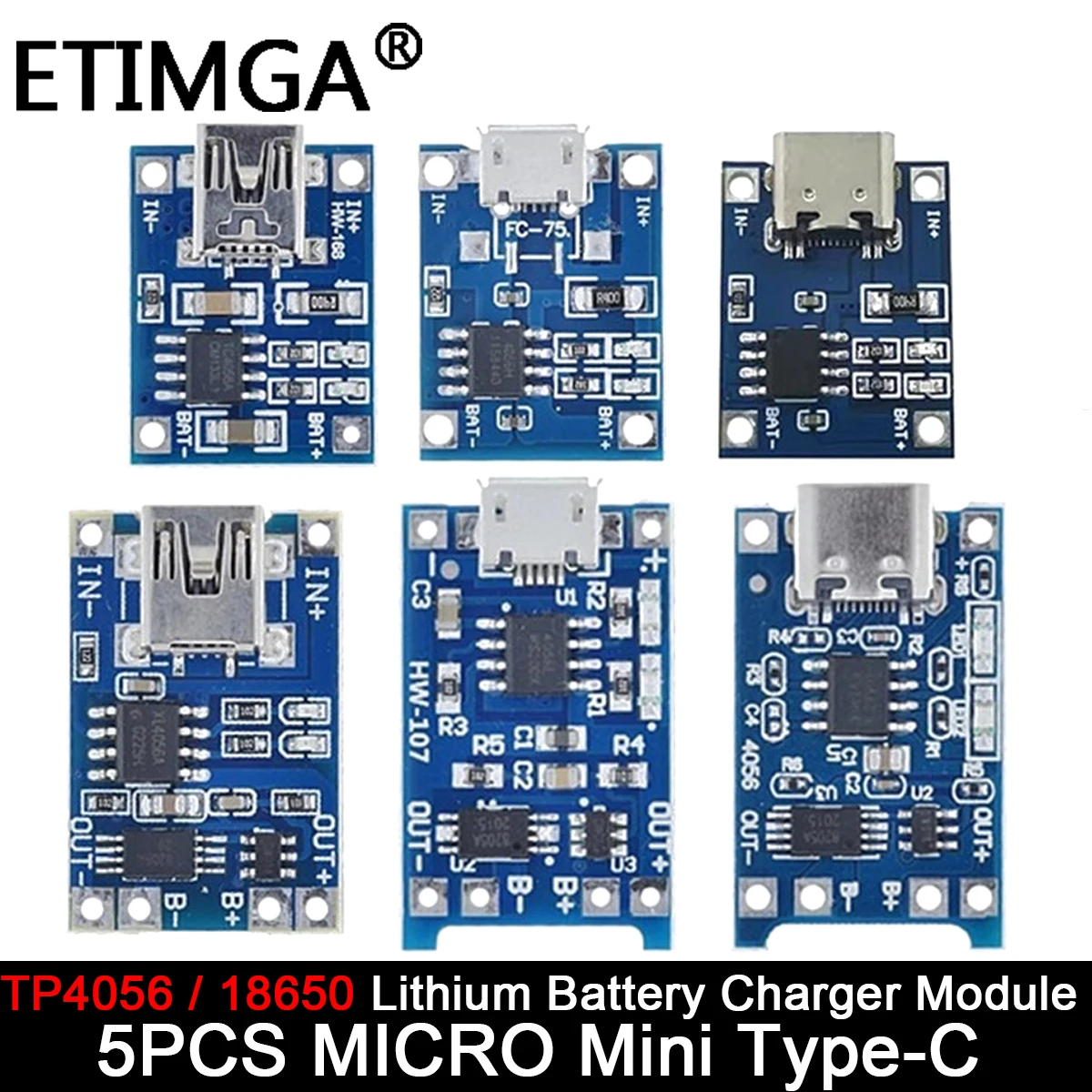 5PCS Micro/TYPE-C/MINI USB 5V 1A 18650 TP4056 Lithium Battery Charger Module Charging Board With Protection Dual Functions