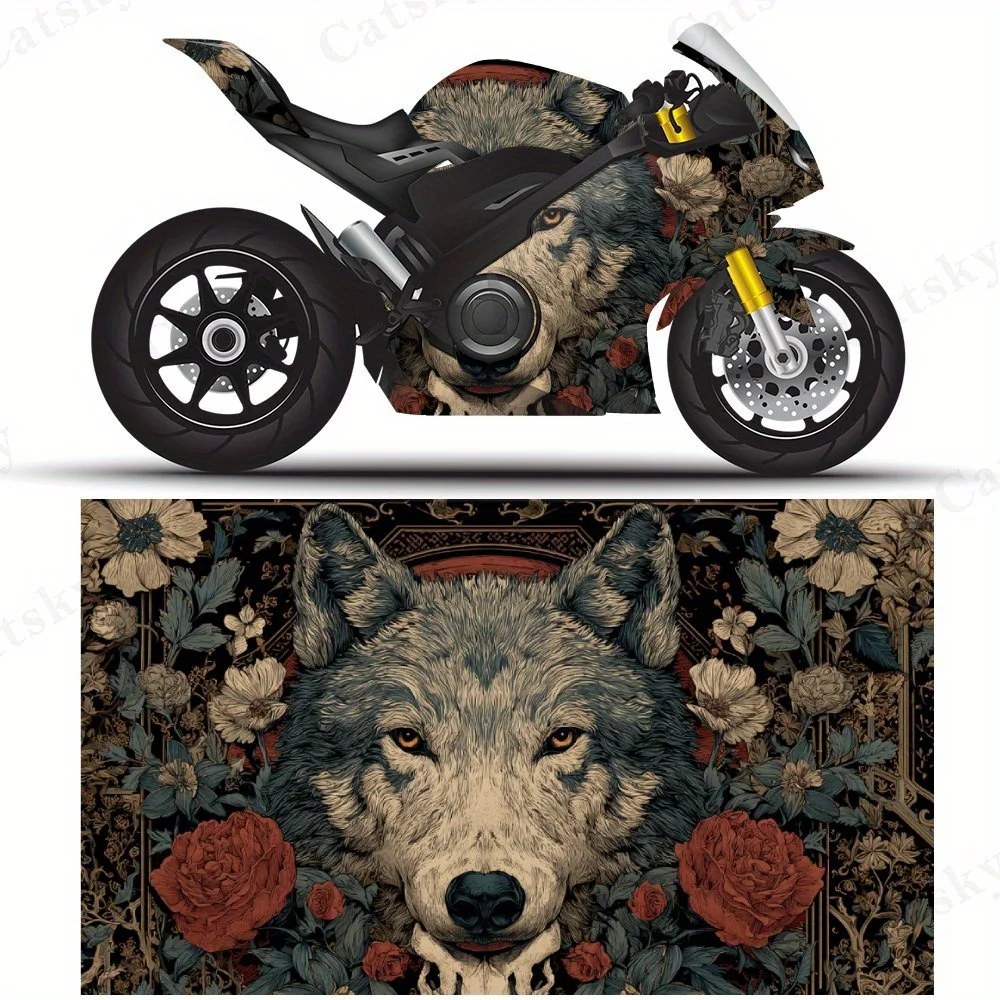 

Art of Wolf Head & Flowers Motorcycle Vinyl Wrap, PVC Self-Adhesive Waterproof Motorcycle Sticker, Anti-Scratch Decorative Film