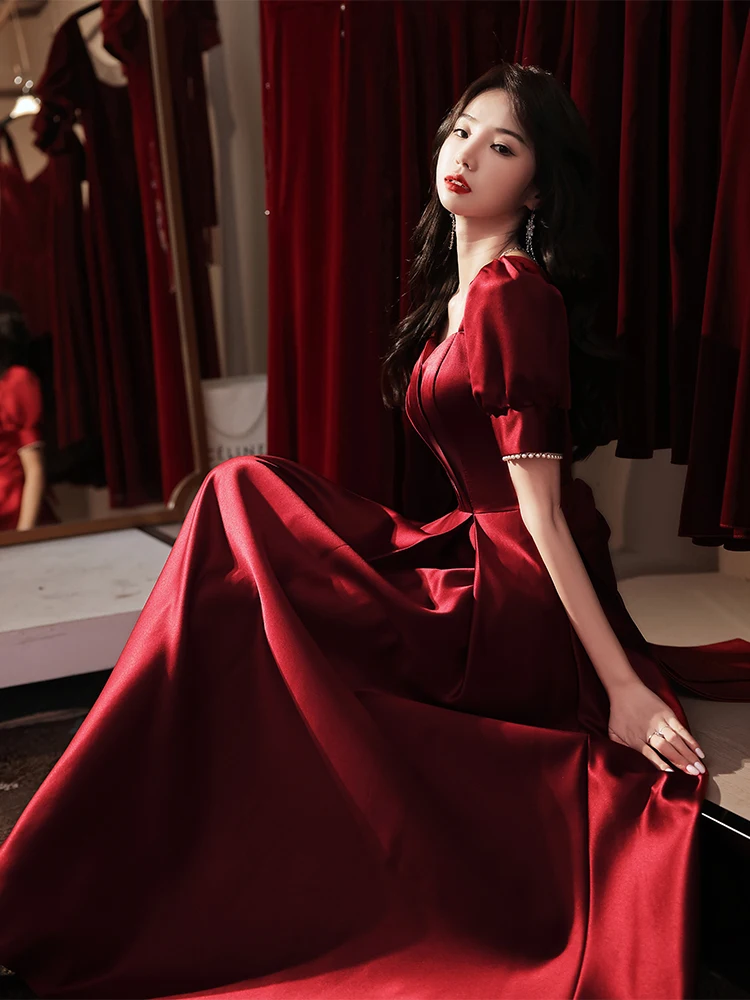 

French Style Women's Red Satin Evening Dress 2024 New Square Collar Bow A-line Vestidos Elegant Female Christmas Party Gown