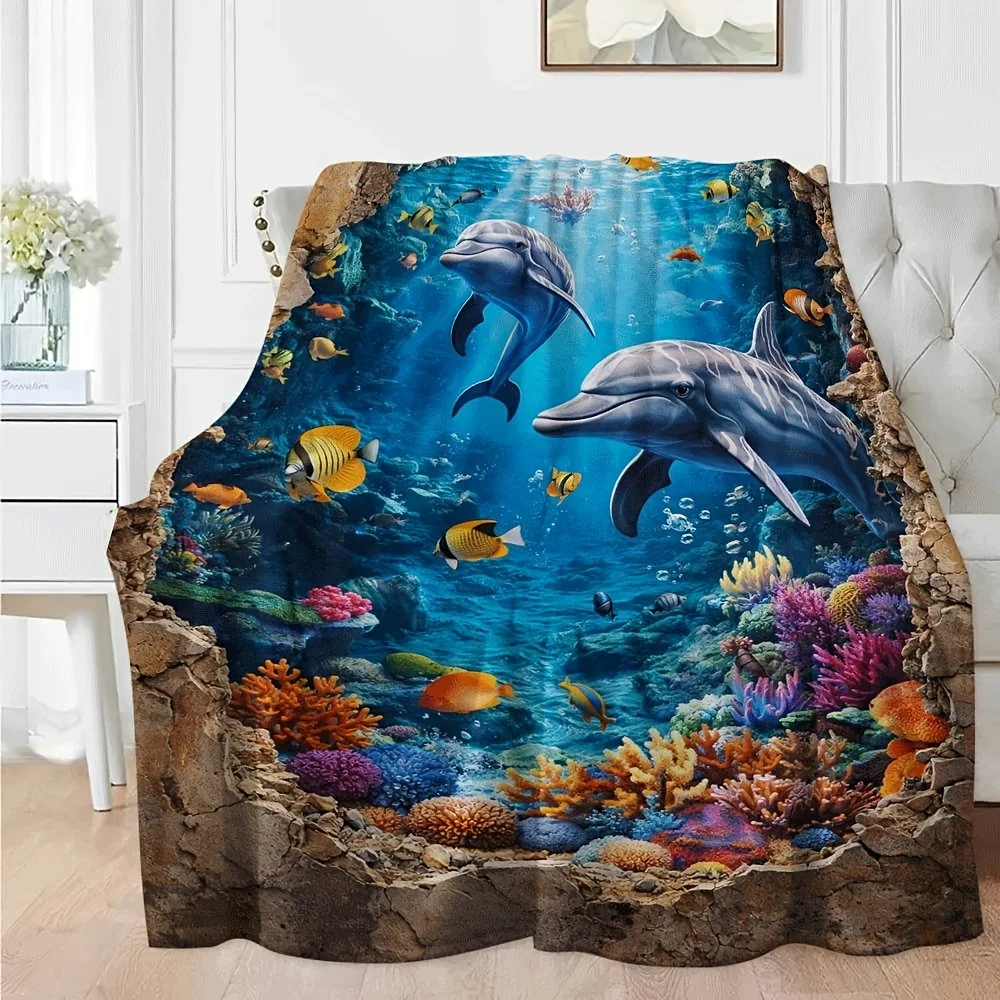 3D Crack Wall Underwater Dolphin Flannel Throw Blanket, Ocean Coral Fish Print Soft Warm Blanket for Sofa Bedroom Home Decor