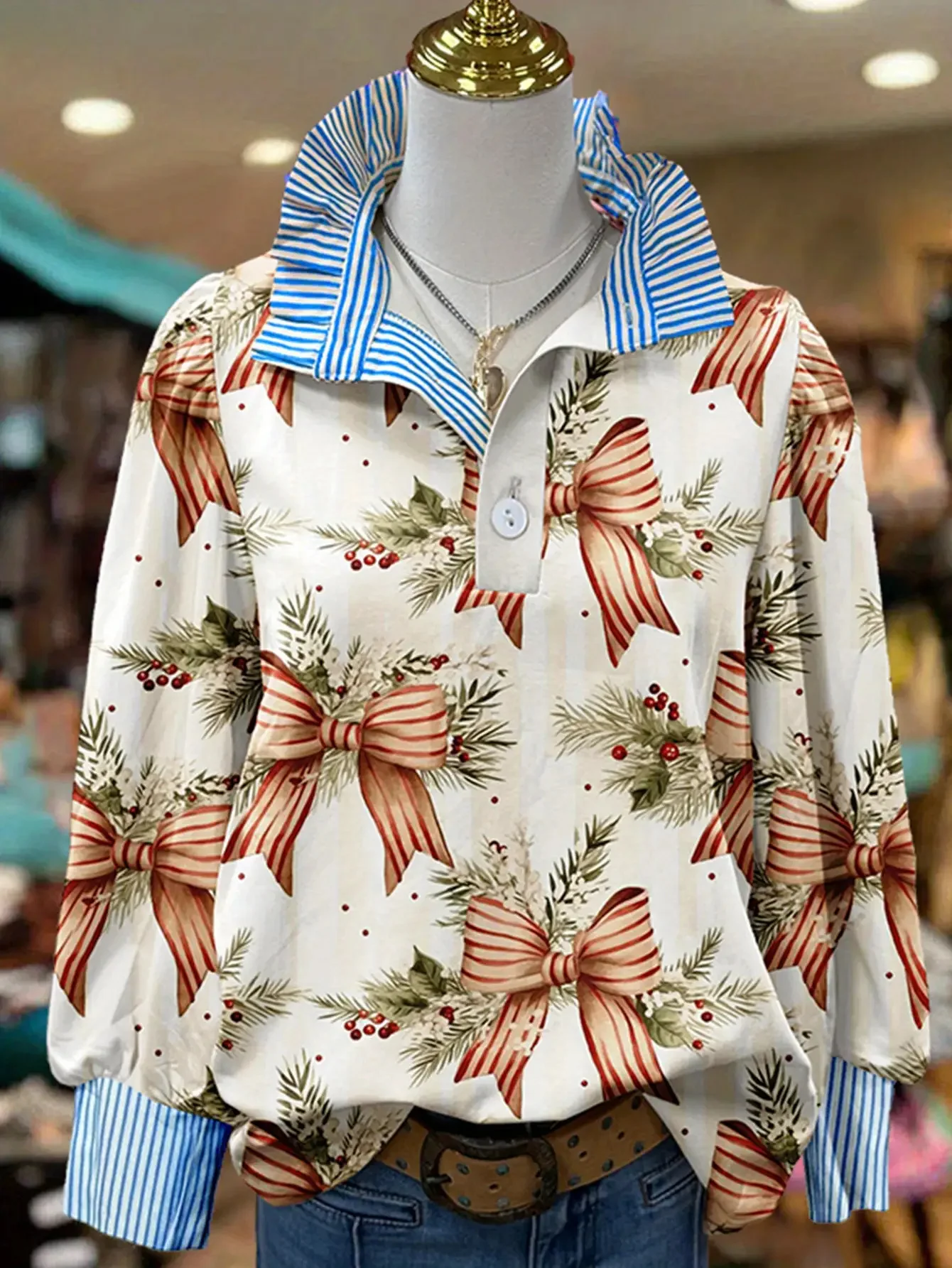 

Christmas Women's Top Spring and Autumn Winter Women's Stand up Collar Long Sleeve Shirt, with exquisite butterfly print pattern