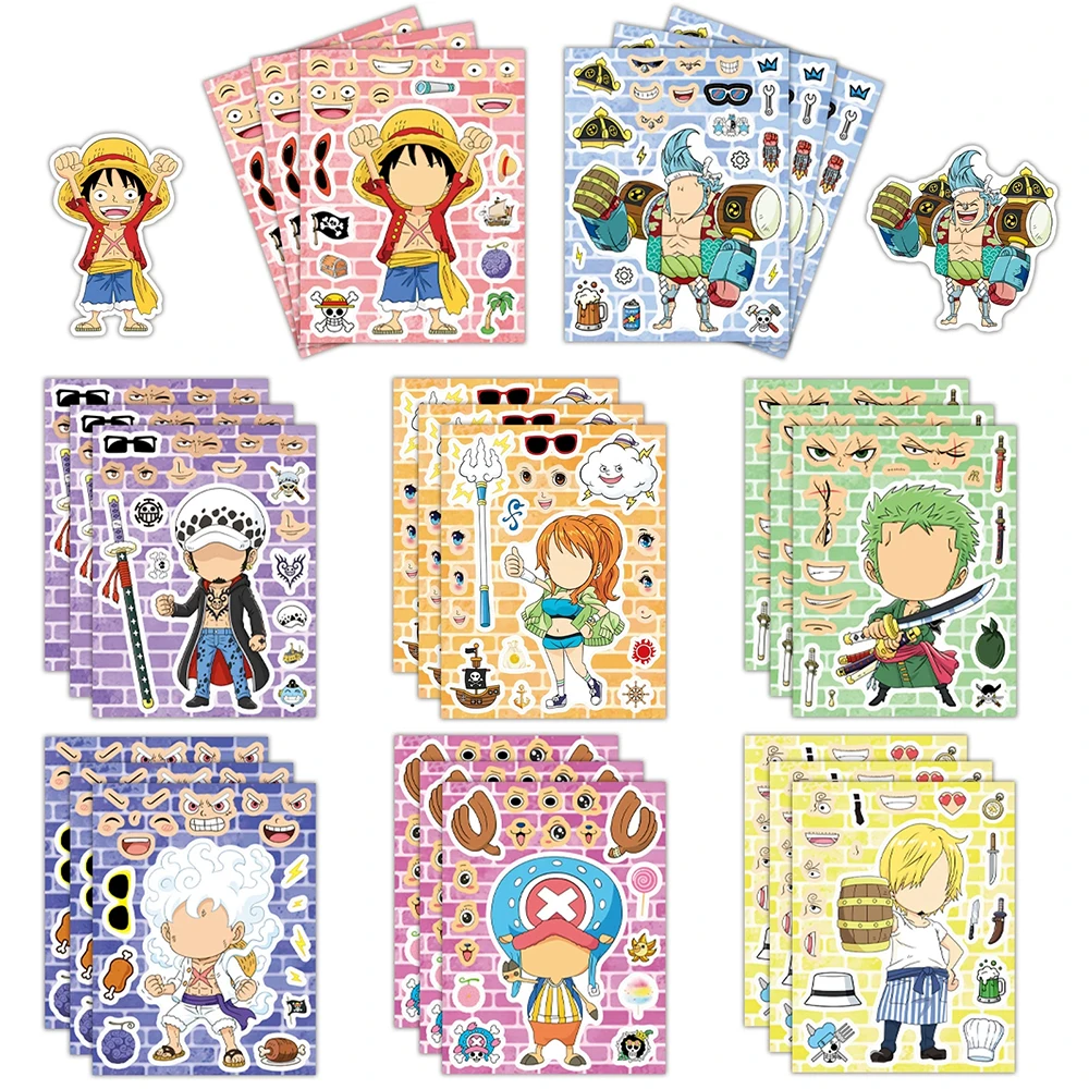 

8/16sheets One Piece Anime Luffy Zoro Puzzle Stickers Make a Face DIY Funny Cartoon Assemble Jigsaw Educational Toy Decals Gift