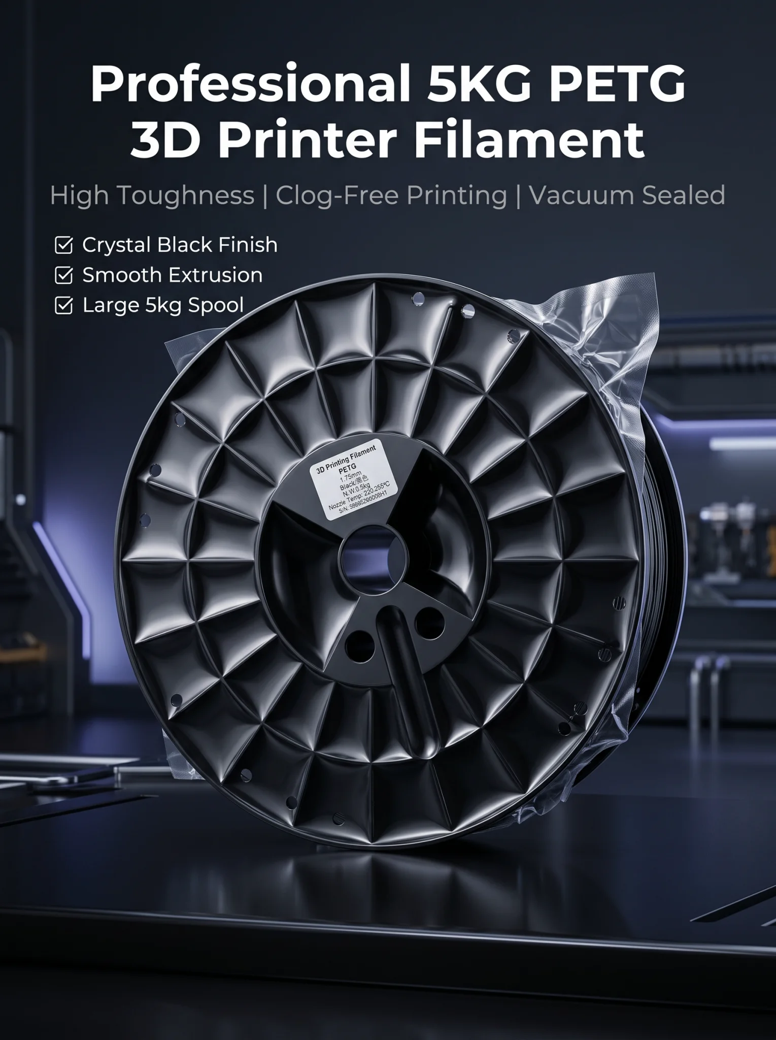 Filament PETG noir 5 kg, 1,75 mm, consommables pour imprimante 3D, plastique d'ingénierie haute résistance, bobine de 5000 g
