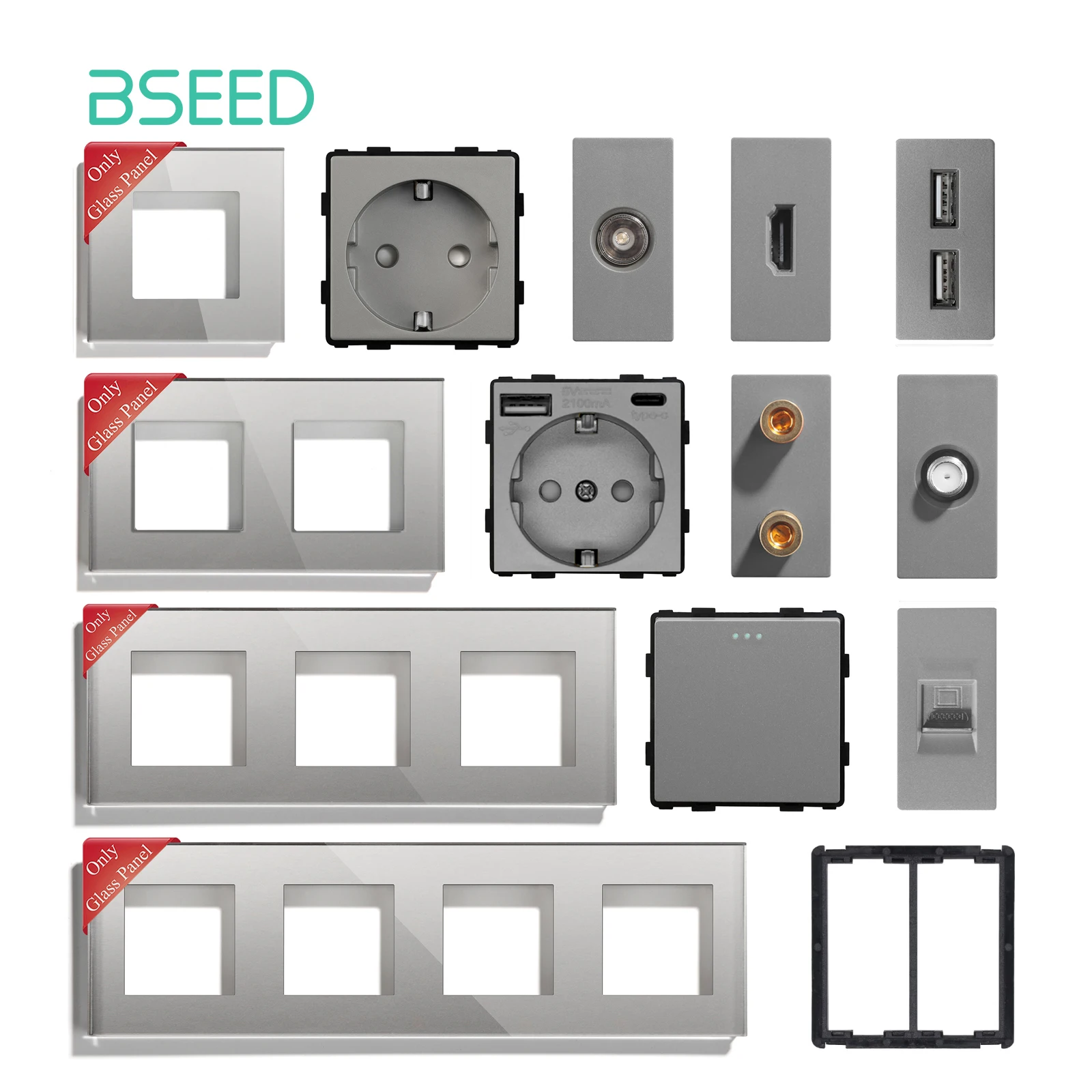 BSEED EU Standard Glass Frames TV ST CAT5/6 RJ45 HDMI USB Wall Socket Parts 1/2/3Gang Light Button Switches Free Combination