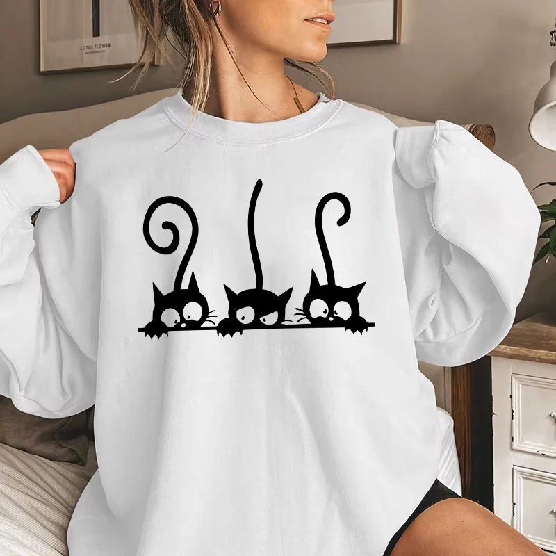 2025 Brand New Women O-Neck Long Sleeve Hoodies Cute Cat Printed Pullover All Season Girl Home Outdoor Casual Fashion Sweatshirt