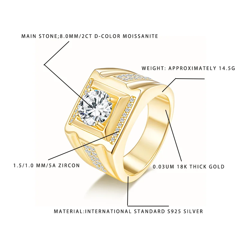 

Men's S925 Silver Ring 8.0MM 2CT D-Color Moissanite 18K Gold Plated with 1.5/1.0MM Zircon Luxury Statement Jewelry