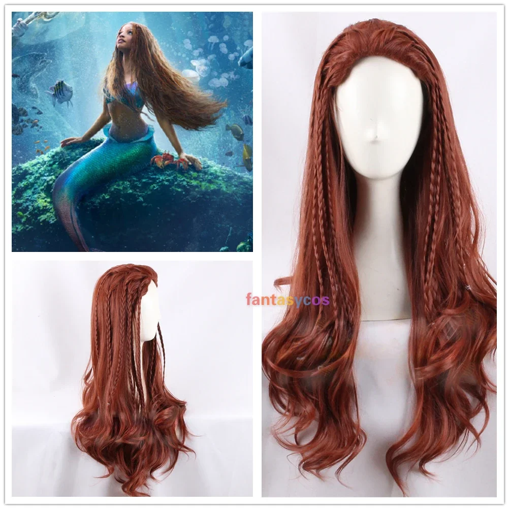 Movie Little Mermaid Ariel Cosplay Wigs 75cm Women Long Curly Brown Red Wigs with Braids Prince Eric Wig for Halloween Costume