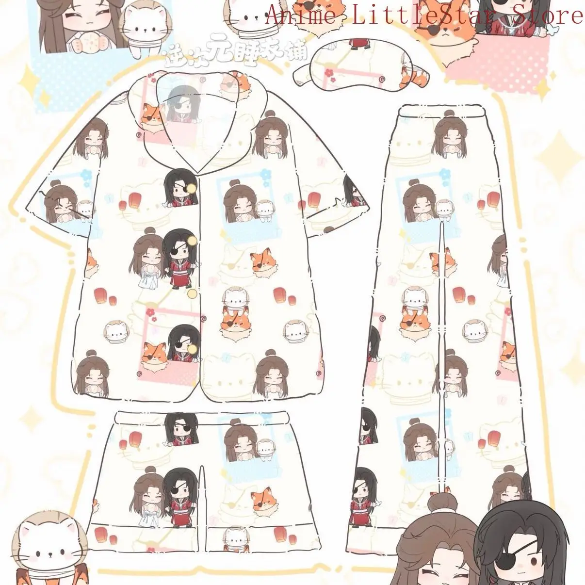 天官賜福-謝儂華プリントパジャマセット-半袖ショートパンツ-ラペル付き-ラウンジウェア-カジュアルホームウェア