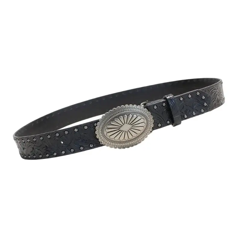 31BB Embossed Belt Black Waistband Western Strap for Jeans and Everyday Outfit Wear
