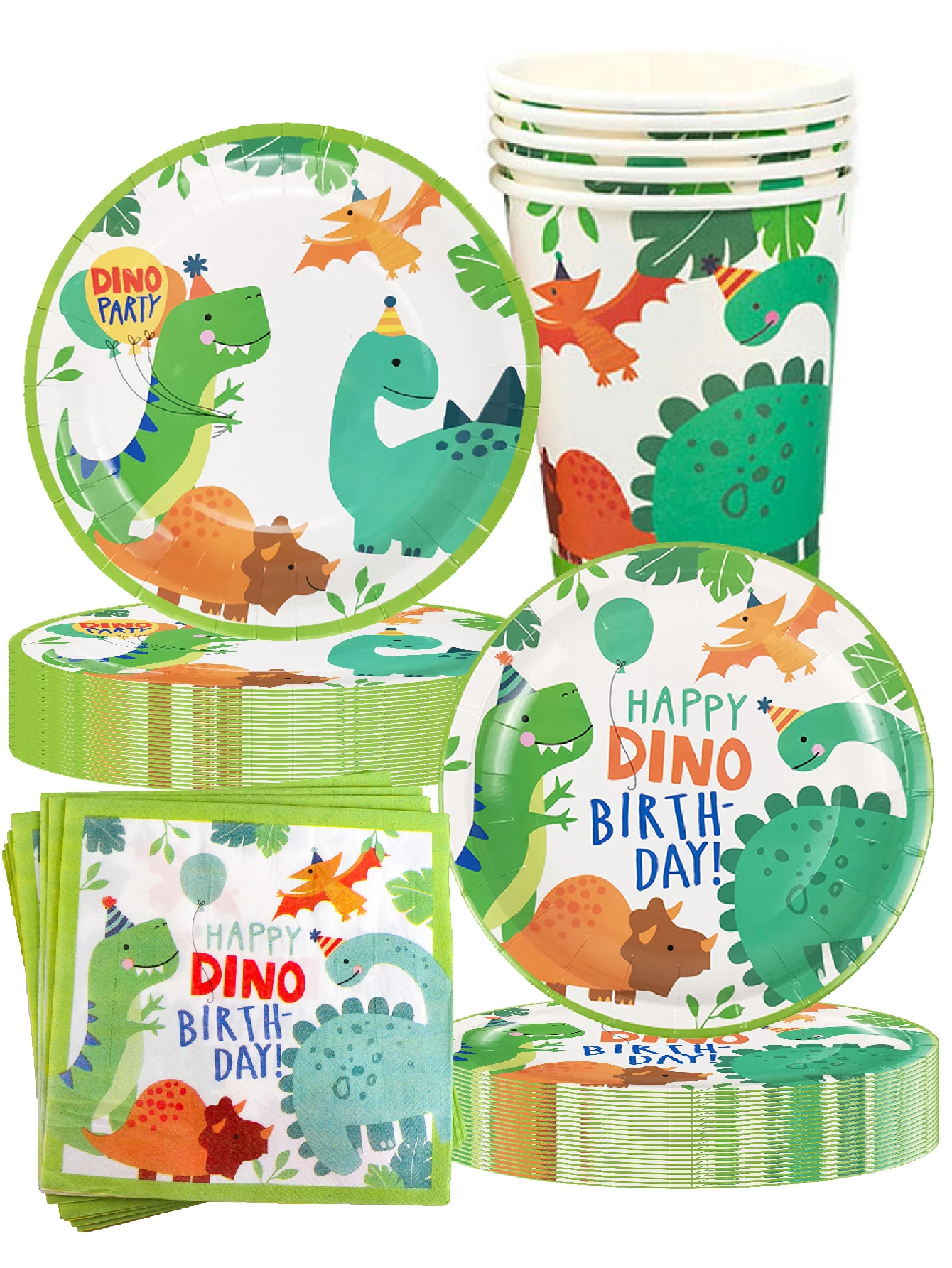 Cartoon Dinosaurier Themen-Geburtstagsparty Dekorations-Set Pappteller Pappbecher Papierservietten Tischgeschirr Camping
