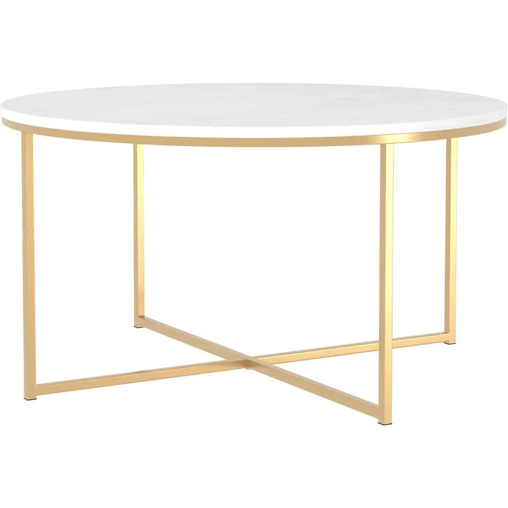 Coffee Tables，Modern Glam Round Accent Faux White Marble Coffee Table with Gold X-Base, 36 Inch