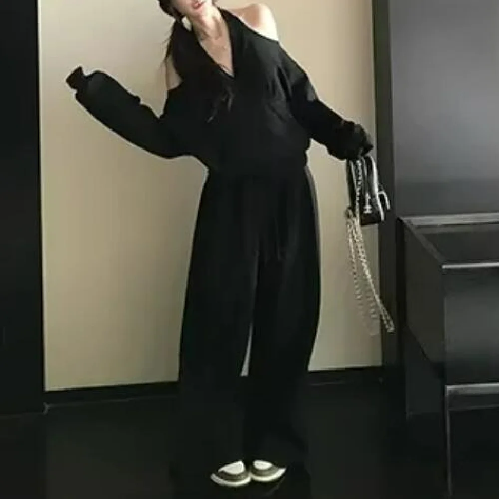 2025 아메리칸 레트로 그레이 크로스 홀터 스웨트셔츠 가을 오버사이즈 풀오버 스웨트 엘라스틱 웨이스트 와이드 레그 팬츠 여성 세트