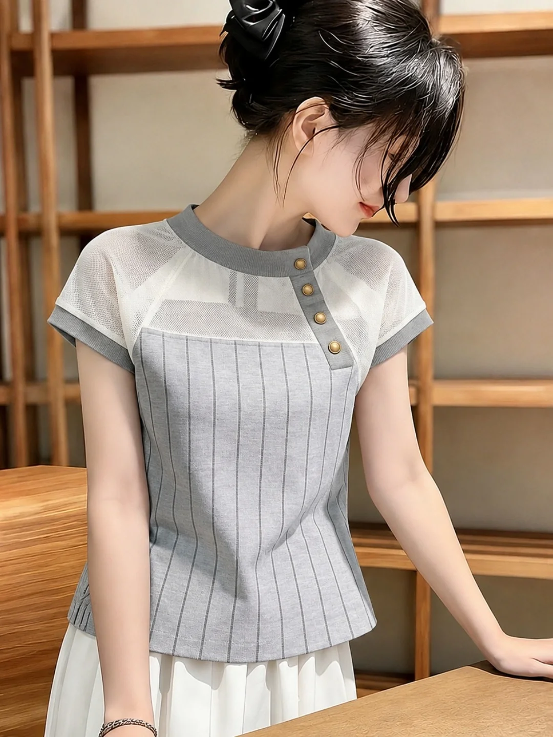 

Elegant Slim Fit Short Sleeve Striped Mesh Patchwork Shirt Korean Style Commute Silk Women's Fashion Summer Design Sense