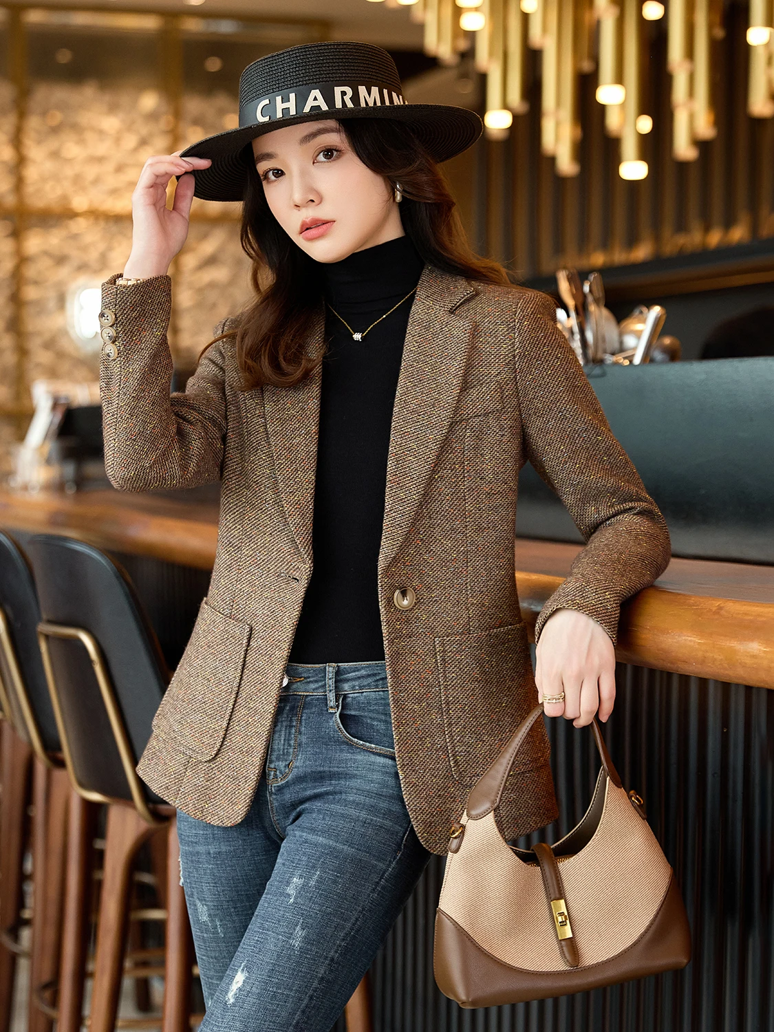 Elegant Woolen Suit Jacket Women's Autumn Winter New Style Waist-Cinching Professional Commute Tweed Western Style Coat