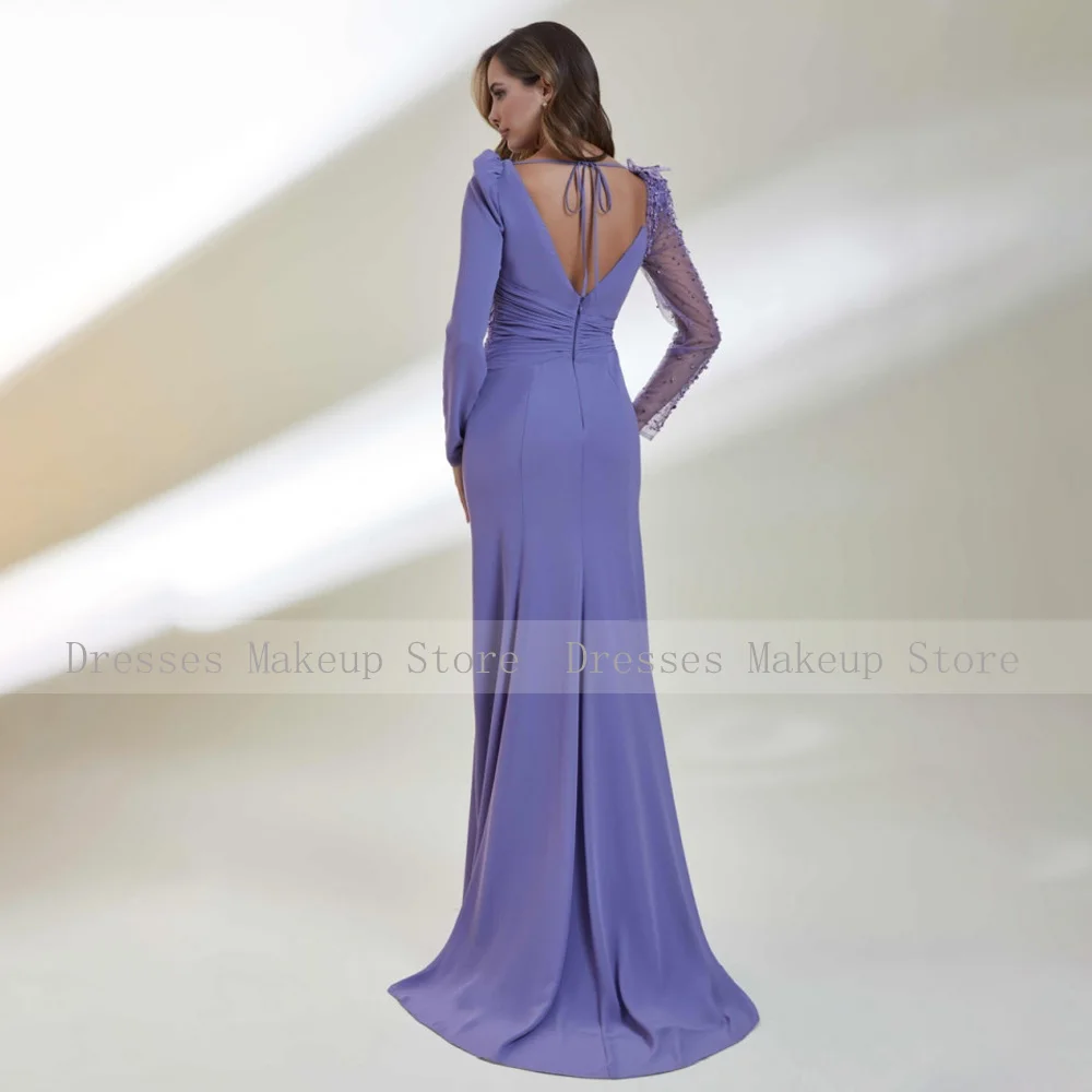 Fuchsia Wedding Guest Gowns Mermaid Long Sleeves V Neck Backless Sexy Evening Dress for Women 2023 Side Slit Trumpet Prom