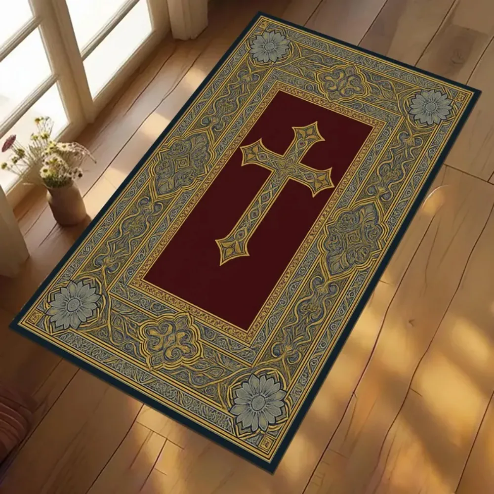 Religious Cross Carpet Mat Rug - Gold Pattern Red Background Floor Decor for Living Room Home Decoration Carpets for Living Room