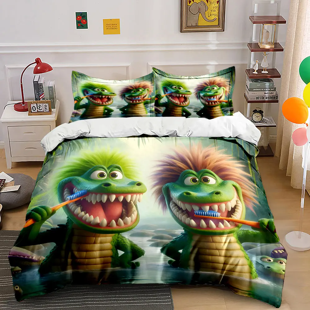 Green crocodiles brushing teeth Print Soft Comfortable Duvet Cover Bedding Set Included 1*Duvet Cover 2*Pillowcases