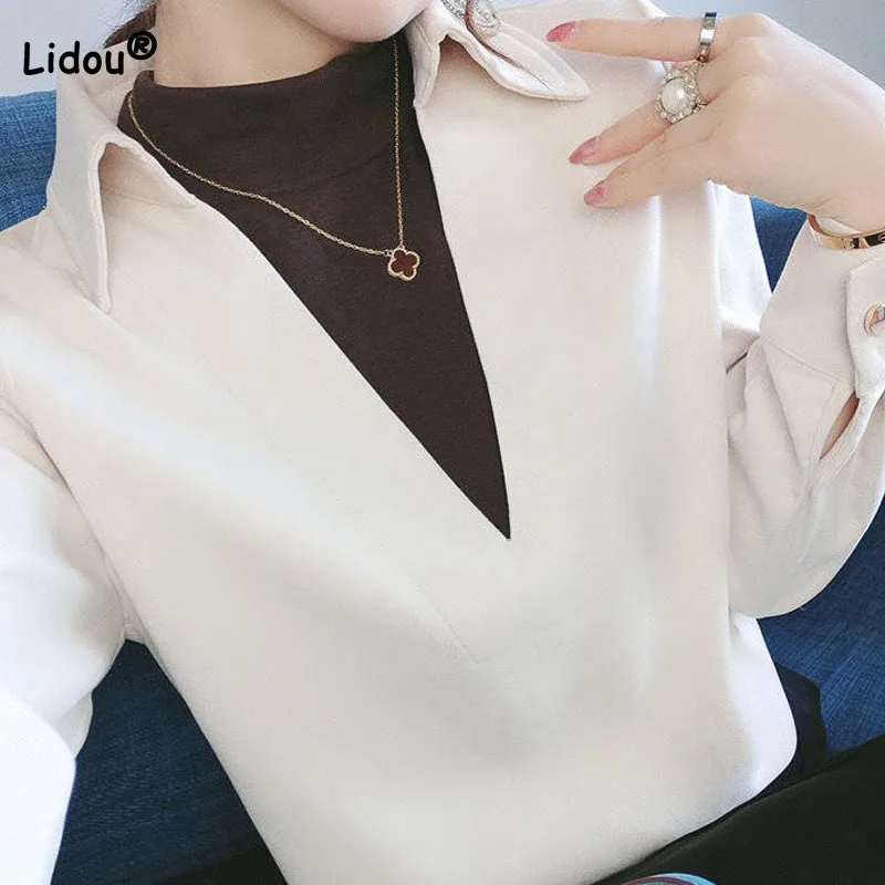 Women's Fake Two Pieces Solid Color Spliced Shirt 2022 Spring Autumn Fashion Elegant Female Turn-down Collar Long Sleeve Blouse