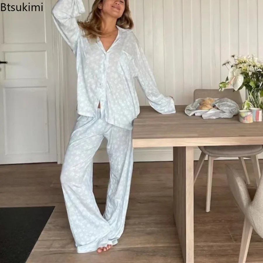 2026 Women's Casual Flower Print Pajama Set Long Sleeve Button Shirt with Pocket and Loose Wide Leg Pants Pajama Sets Sleepwear