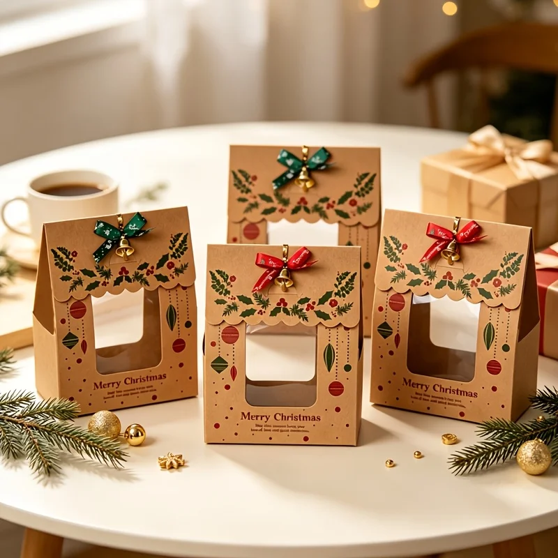 10PCS Christmas Kraft Candy Boxes, Kraft Paper Cookies Candy Treat Boxes Bags for Christmas Gift Wrapping Boxes Xmas Decorations
