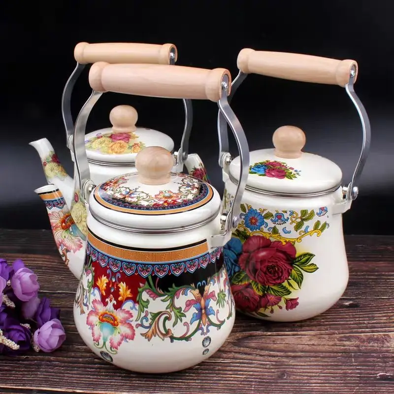 1.5L Elegant Flat Bottom Painted Enamel Boiling Tea Kettle with Tea Leak Induction Hob Open Flame Universal Tea Pot