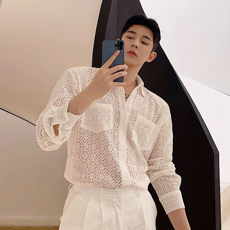 

Summer Design Sensation Men's Long Sve irt Korean Sle Hollow Me See-tough Casual Loose Fit Faionable Youth