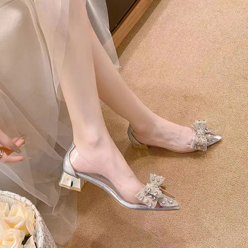 Afrykańskie buty damskie wysokie obcasy szpiczasty nosek odkryte grube sandały 2024 płytkie usta przezroczyste szpilki bordowe kolce Bow Out