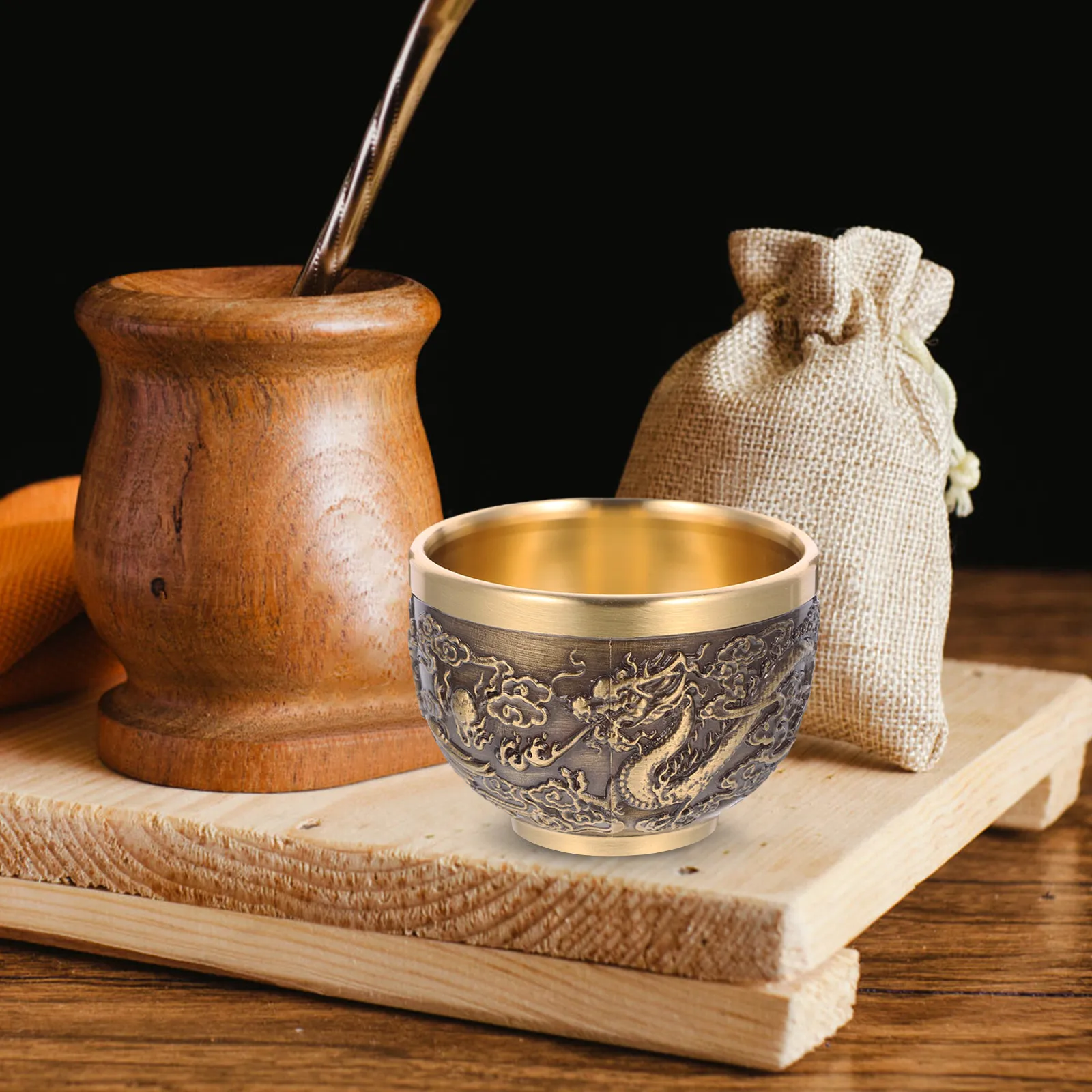 

2Pcs Retro Copper Tea Cup Vintage Chinese Style Embossed Wine Glass Household Drinkware Decorative Teacup Gift