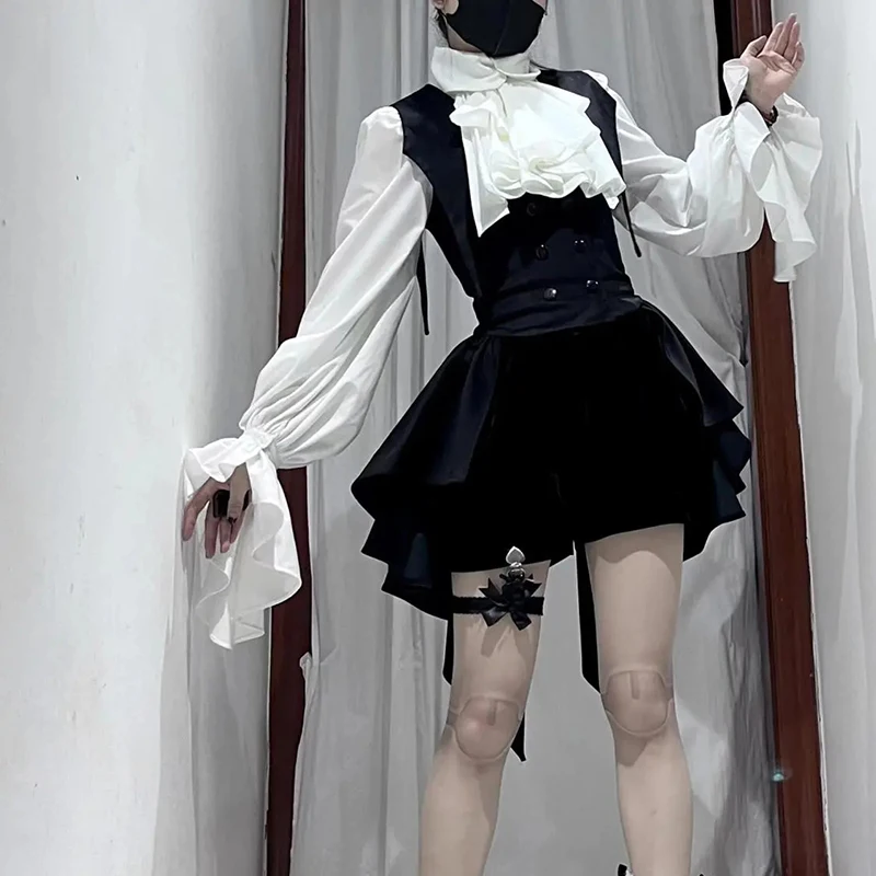 

Lolita Blouse Shorts 3 Piece Set Bell Sleeve Ruffle White Shirt Asymmetric Chic Black Vest Slim Black Harajuku Y2K Shorts Set