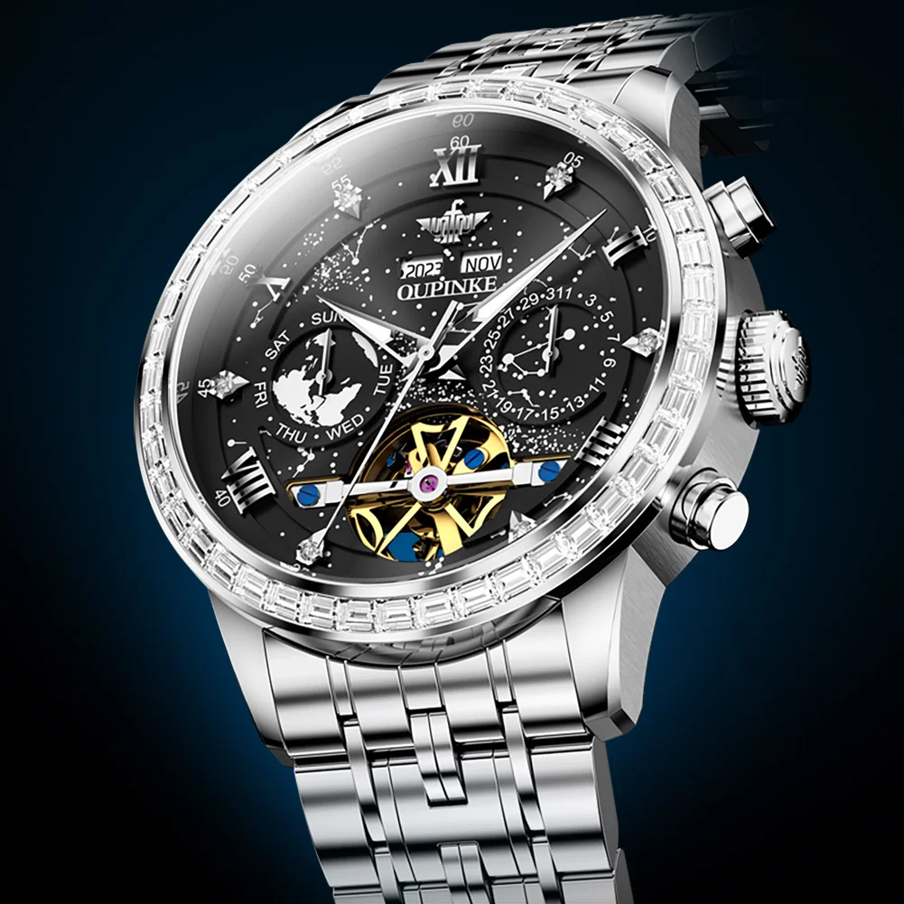 OUPINKE 3255 reloj para hombre Tourbillon de negocios de lujo reloj mecánico automático 50M reloj impermeable esfera de cielo estrellado regalo gratis