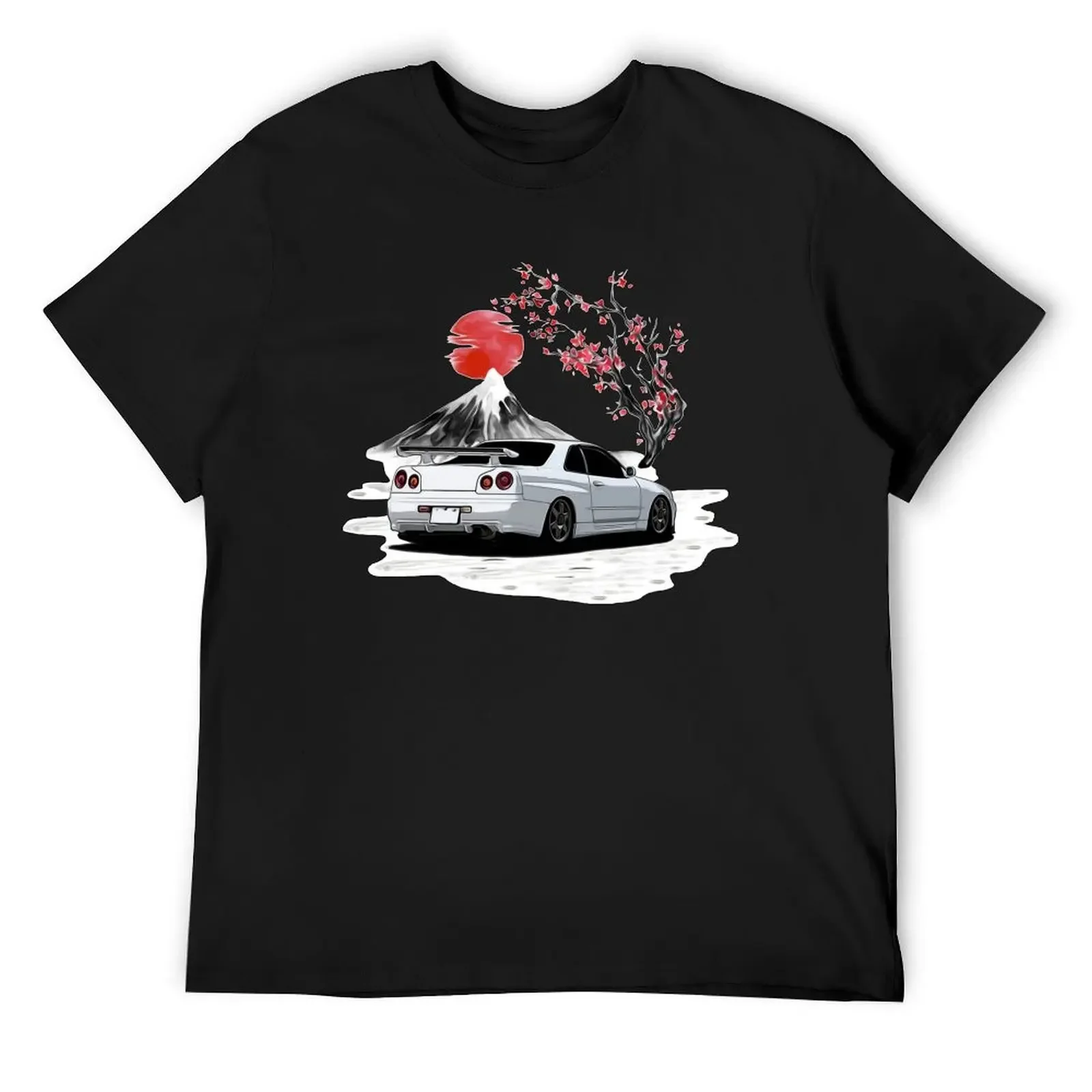 

White 1998 Skyline R34 GTR With Cherry Blossom Rear Side T-Shirt blacks vintage anime shirt T-shirt men