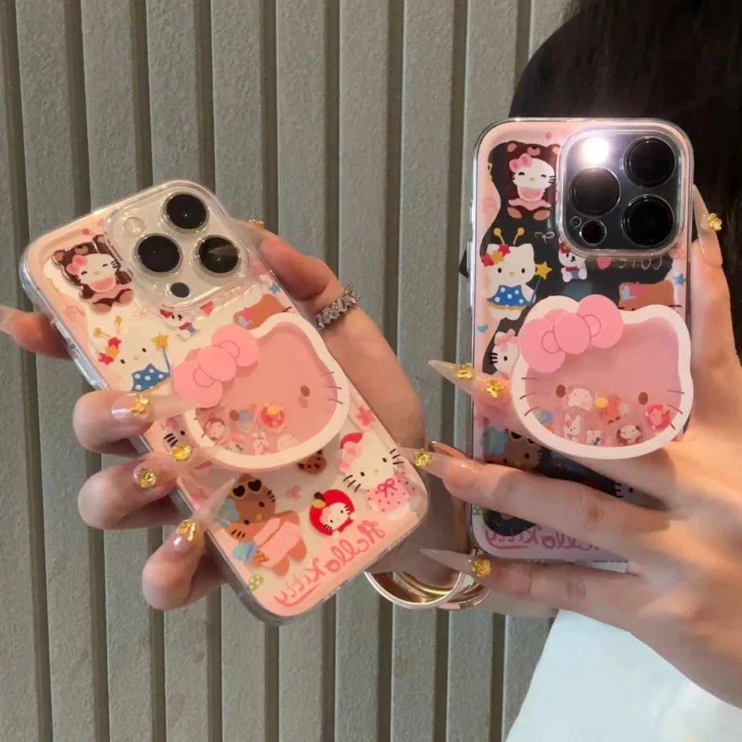 Cute Mermaid Hello Kitty Cartoon KT Stand Clear Soft  Phone Case For  iPhone X 13 12 11 14 15 16 Pro Max Lovely KT Shake Holder