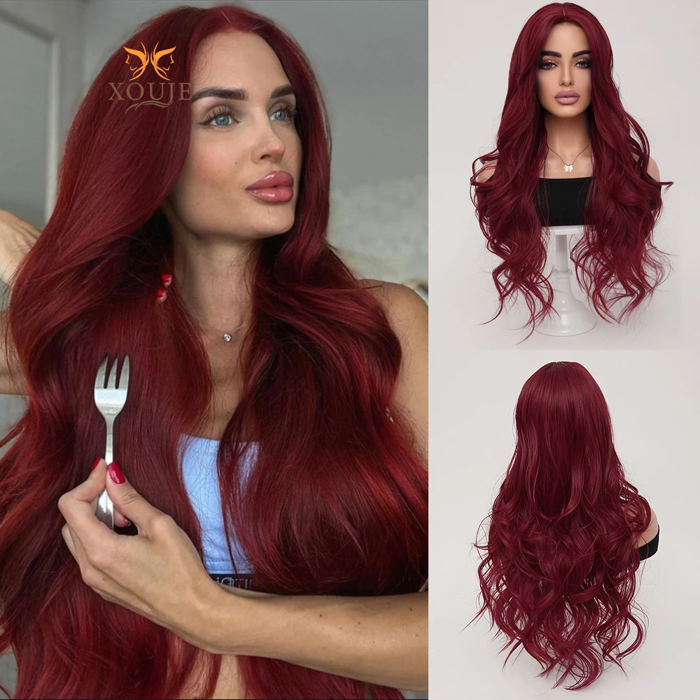 Natural Sexy Burgundy Wig Long Curly Synthetic Heat Resistant Wig Natural Wave Center Split Bangs Wig Daily Use Women\'s Holiday