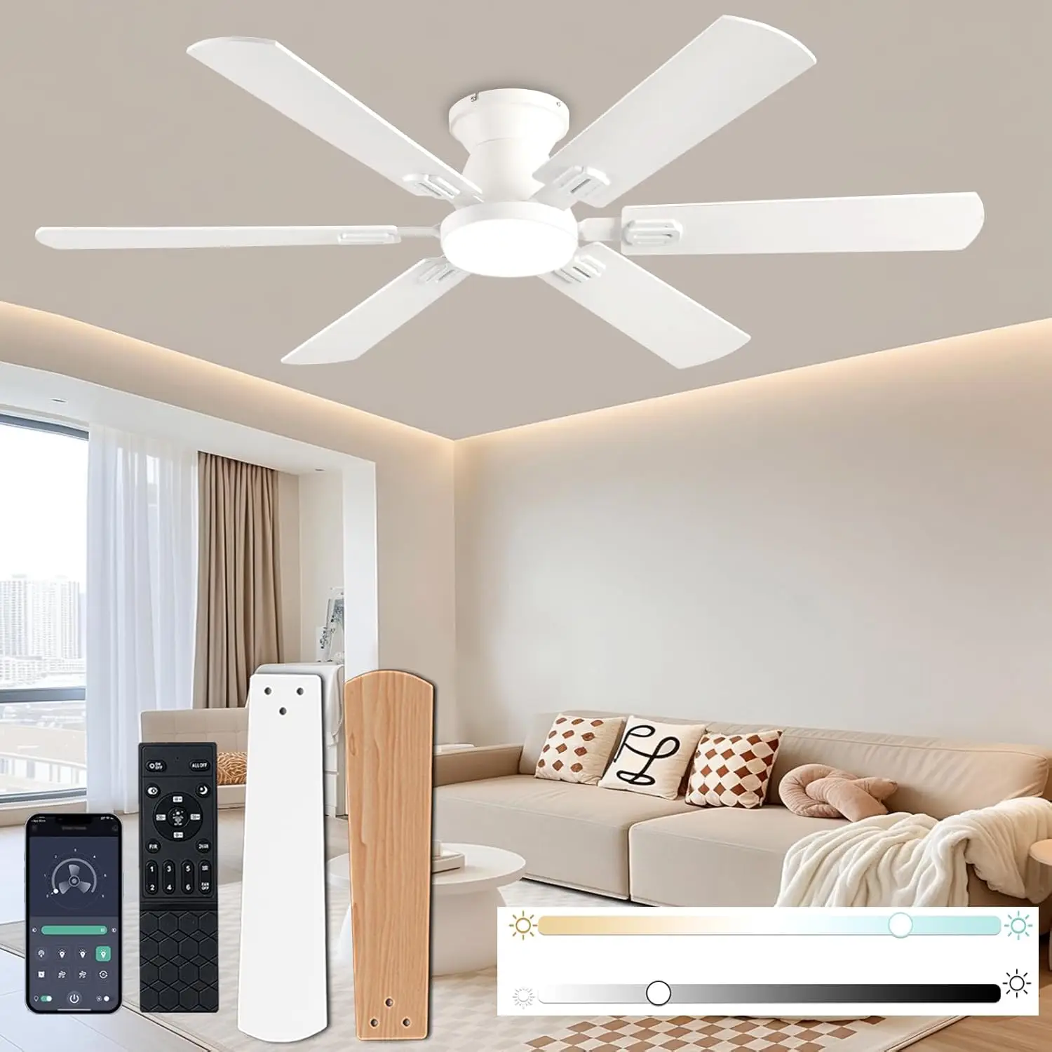 

56-inch White Ceiling Fan with Light, Remote/APP Control, 3CCT Dimmable LED, Quiet DC Motor for Indoor/Outdoor Use