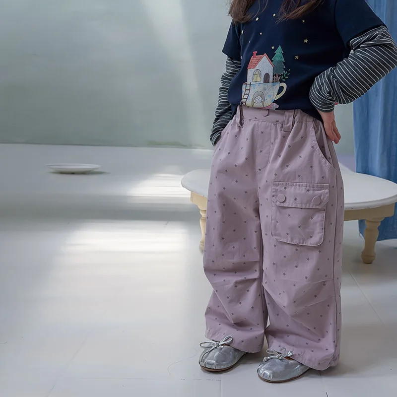 Children's Korean Sweet Cool Star Printed Large Pocket Casual Work Pants for Girls and Babies Wrinkled Wide Leg Pant