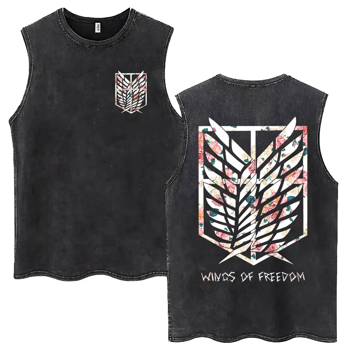 Anime Attack on Titan Vintage Washed Tank Tops Mikasa Ackerman Eren Jaeger Wings of Freedom Rose Logo Men Cotton Sleeveless Vest
