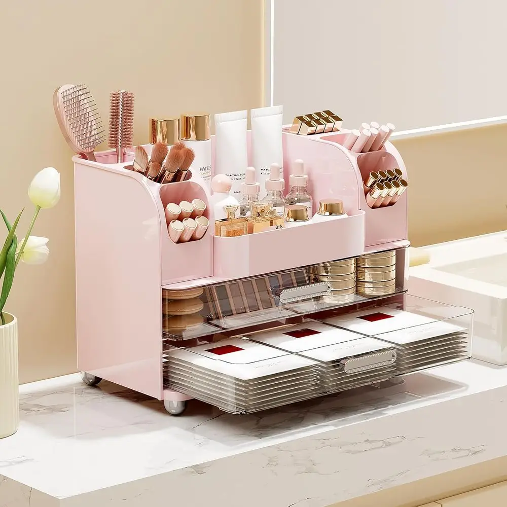 Makeup Organizer Countertop with 2 Large Drawers or Vanity Bathroom | Brush Holder, Large Capacity, Thickened Plastic, Compact F