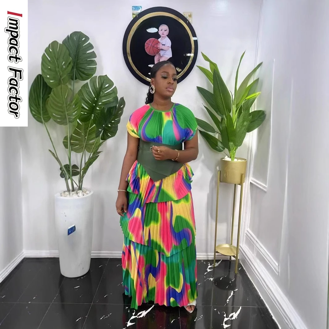 

Miyake Style Fashion Stand-up Collar Environmentally Friendly Printing Niche Cross-border Pleated Top + Lower Skirt Set New